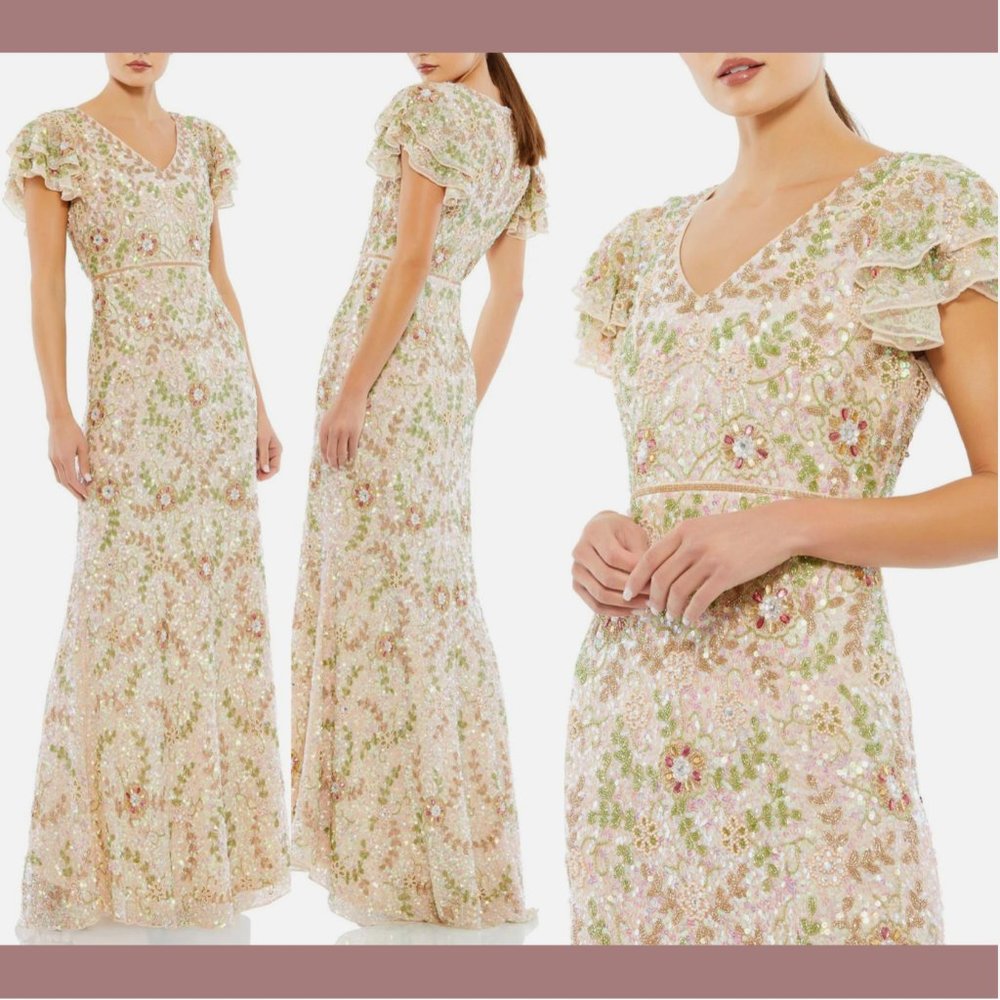 NWT $698‎ Mac Duggal [ 10 ] Embellished Ruffled Cap Sleeve V-Neck Gown Nude